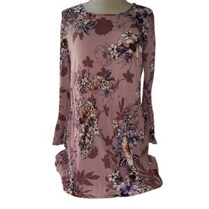 Andree by Unit tunic blouse long sleeve w/bell lined floral print keyhole Sz L